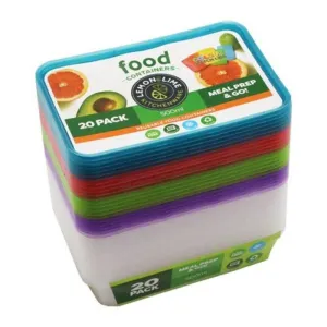 20 Pack Reusable Food Containers with Coloured Lids - 500ml