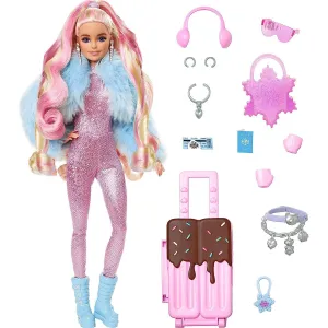 Barbie Extra Fly Doll with Snow-Themed Travel Clothes & Accessories, Sparkly Pink Jumpsuit & Faux Fur Coat