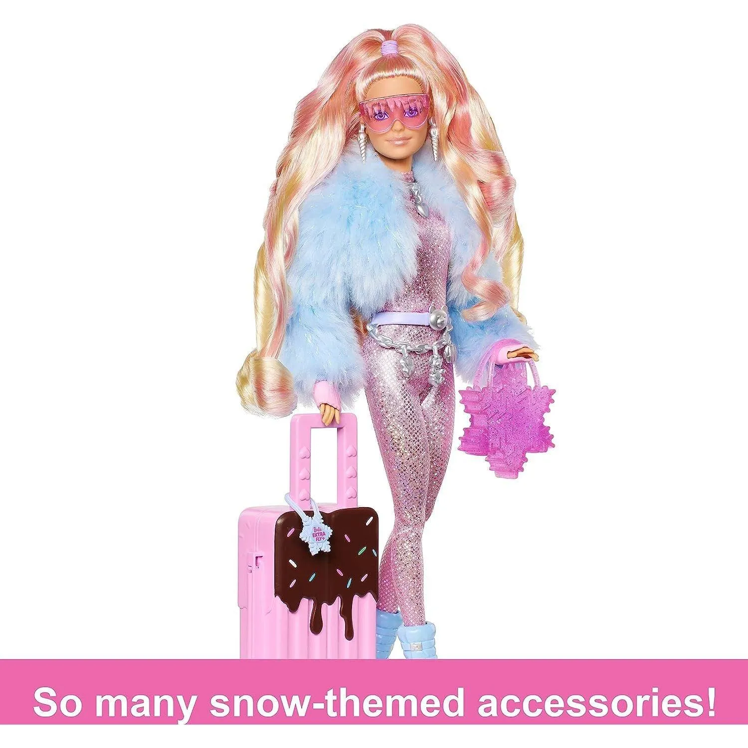 Barbie Extra Fly Doll with Snow-Themed Travel Clothes & Accessories, Sparkly Pink Jumpsuit & Faux Fur Coat