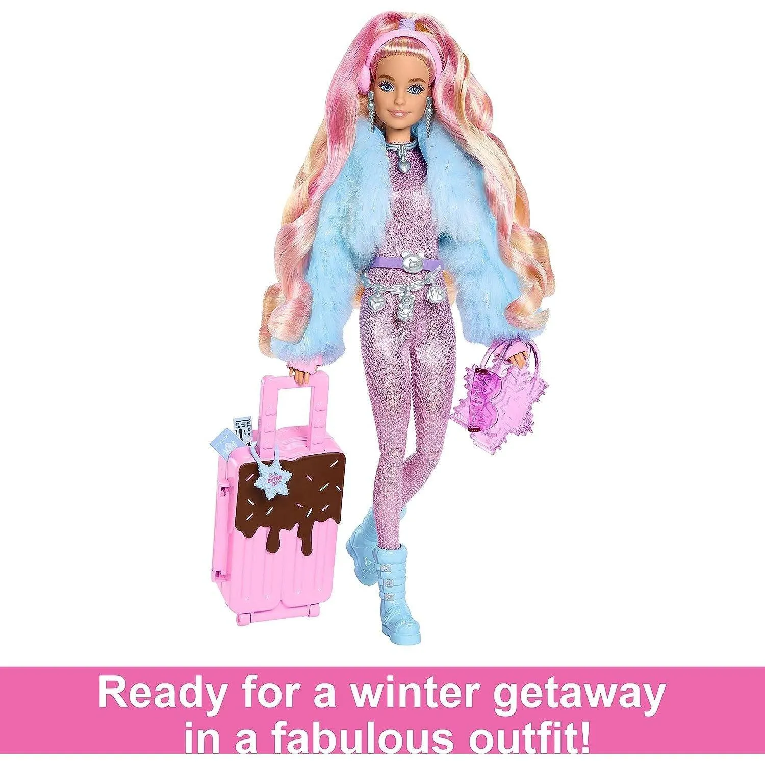 Barbie Extra Fly Doll with Snow-Themed Travel Clothes & Accessories, Sparkly Pink Jumpsuit & Faux Fur Coat