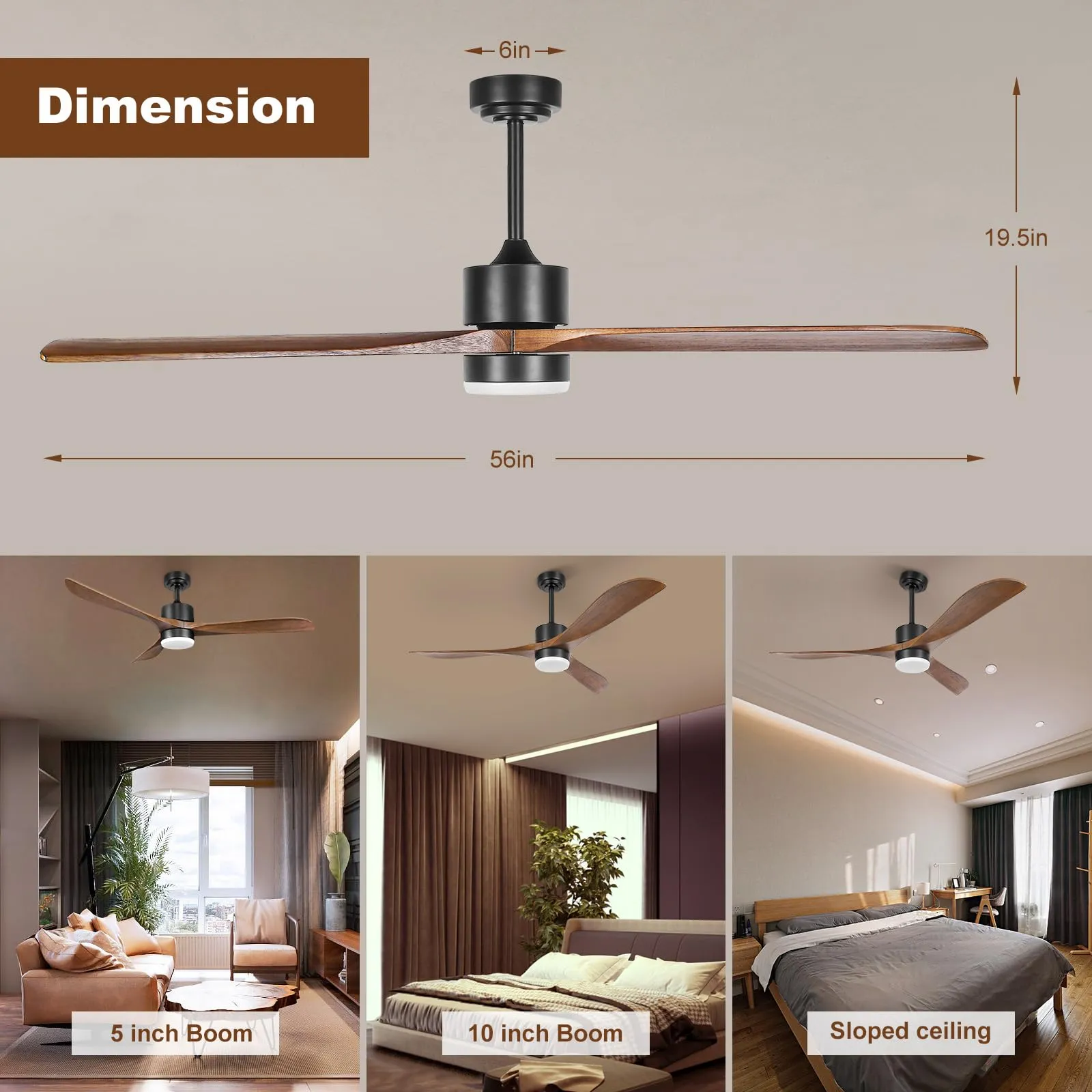 Ceiling Fans with Lights Remote Control, 56" Indoor Wood Ceiling Fan with Light Memory for Patio Gazebo Living Room Bedroom, Walnut & Matte Black