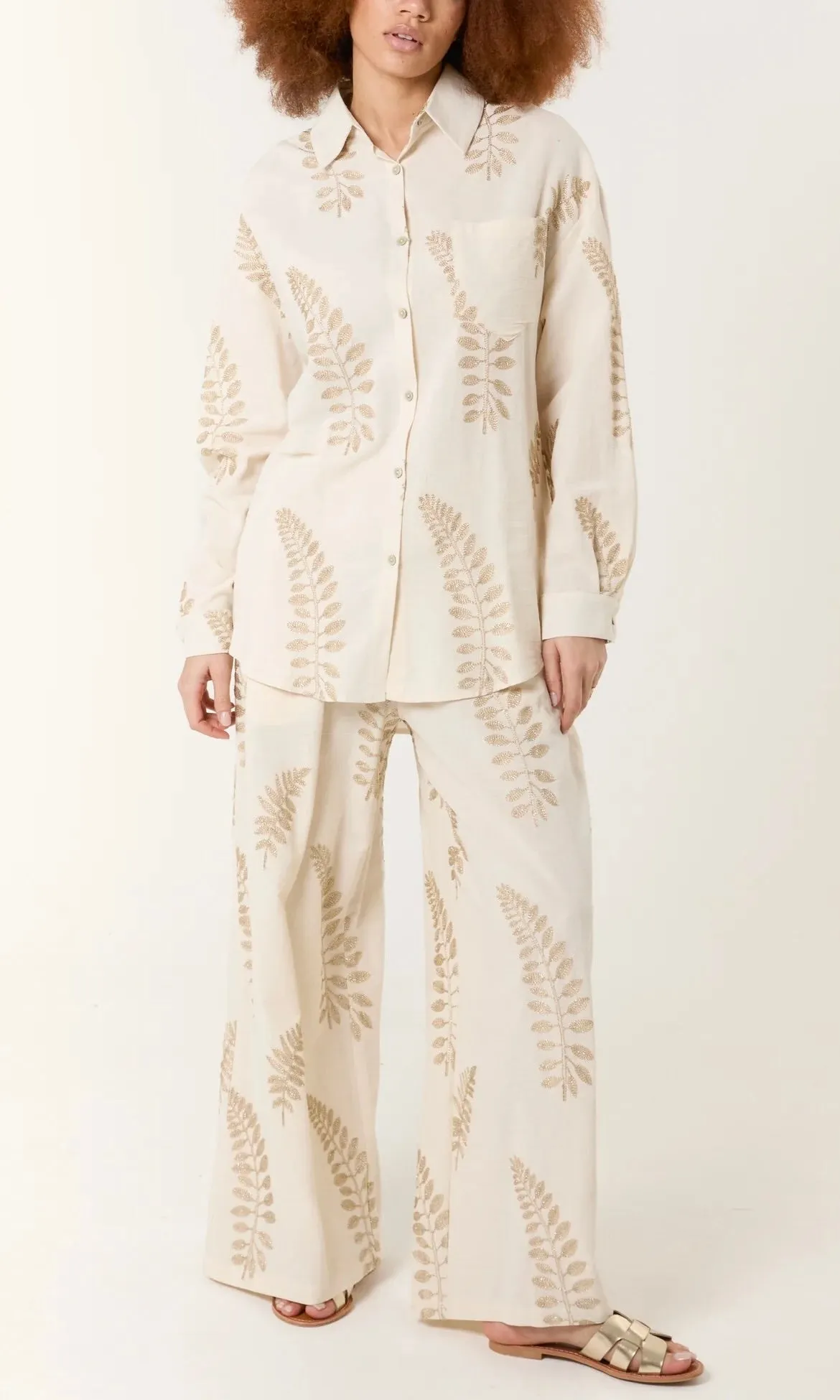 CREAM AND GOLD EMBROIDERY LEAF SHIRT & TROUSER CO-ORD SET