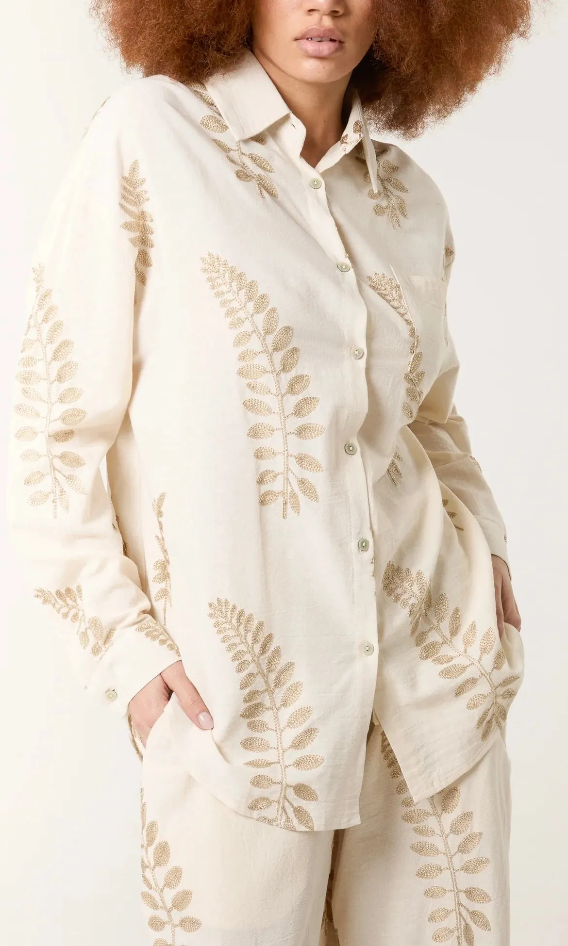 CREAM AND GOLD EMBROIDERY LEAF SHIRT & TROUSER CO-ORD SET