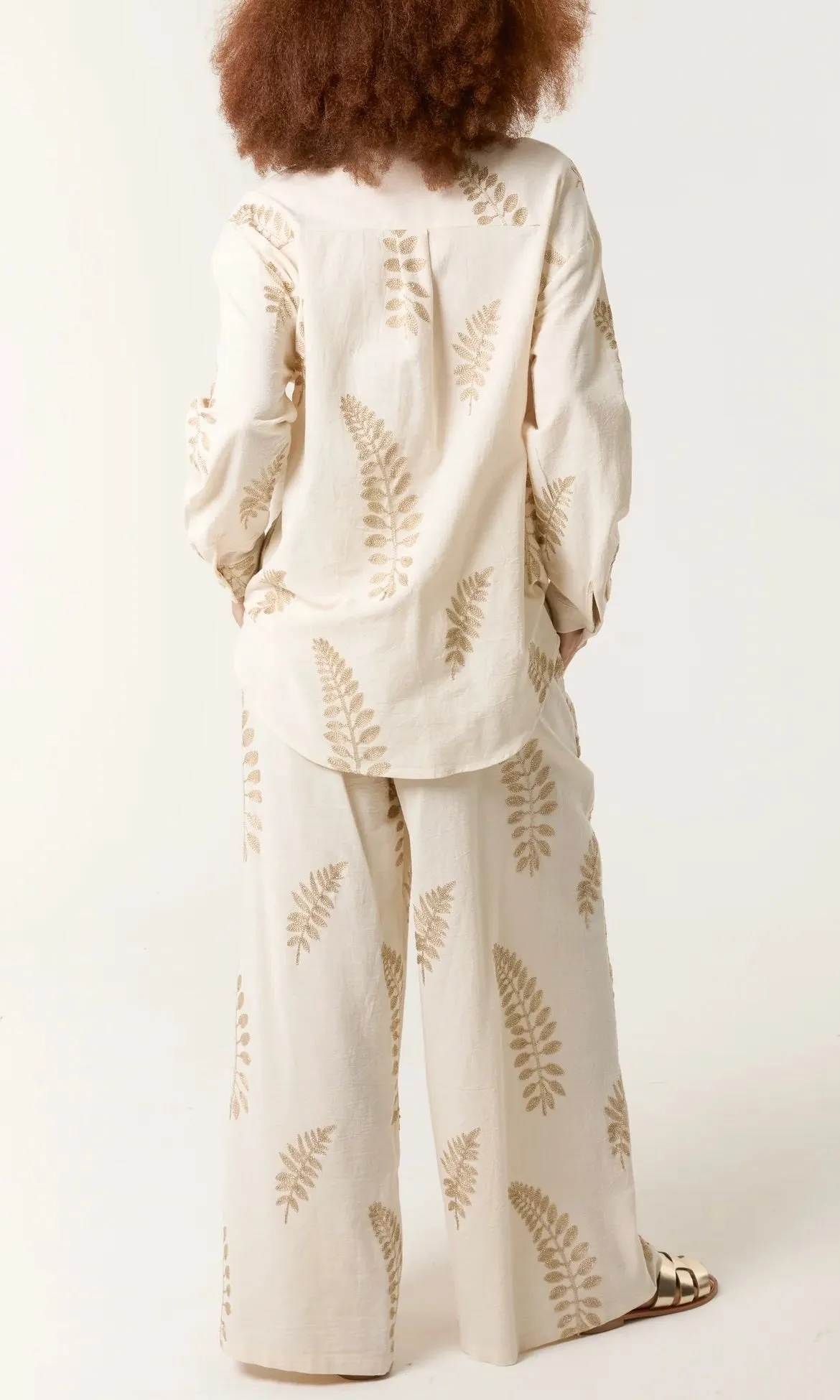 CREAM AND GOLD EMBROIDERY LEAF SHIRT & TROUSER CO-ORD SET