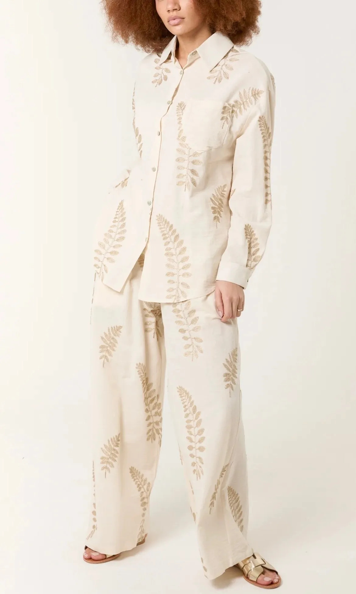 CREAM AND GOLD EMBROIDERY LEAF SHIRT & TROUSER CO-ORD SET