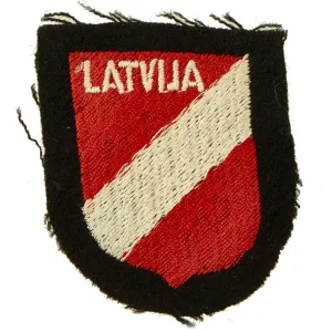 Original German WWII Embroidered Waffen SS Latvian Volunteer Shield Sleeve Insignia