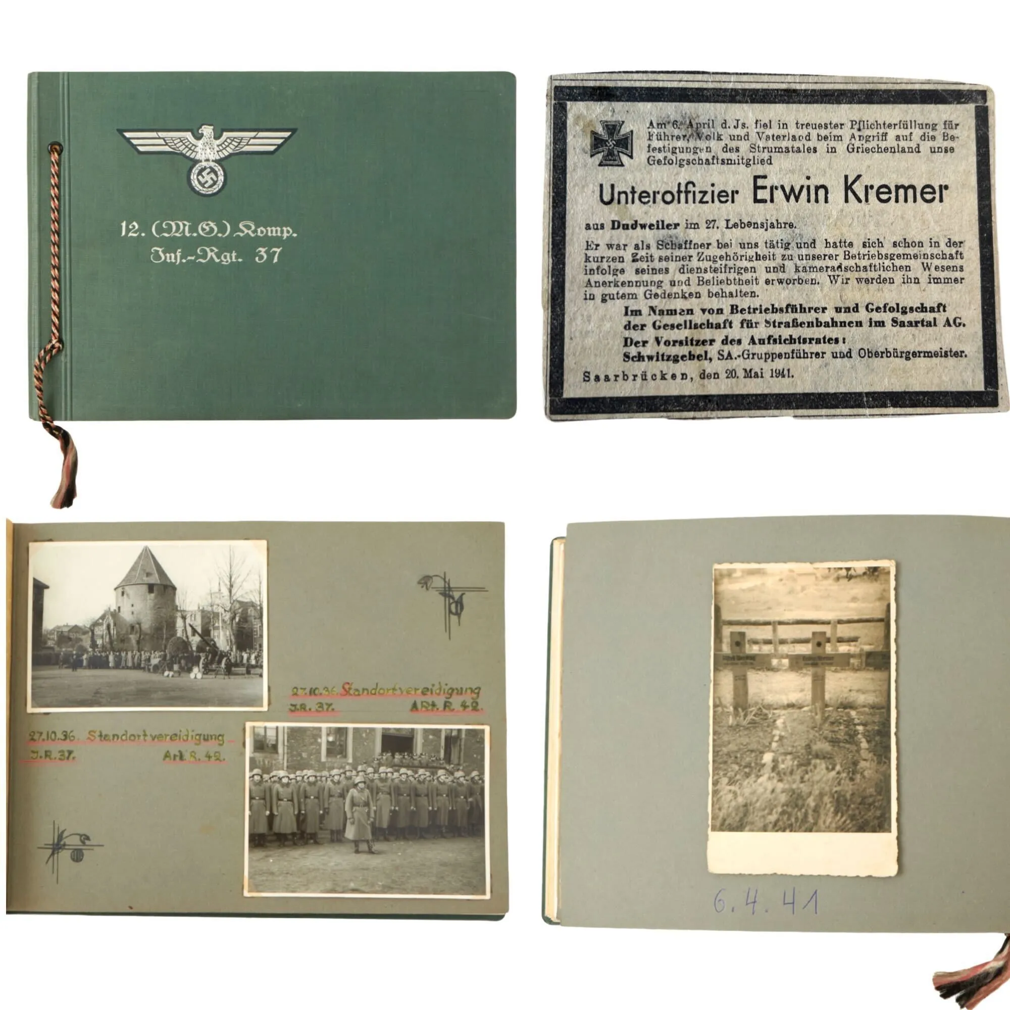 Original German WWII Named KIA Heer Army 12th Machine Gun Company 37th Infantry Regiment Photo Album - 55 Photos - Killed in Greece 1941