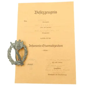Original German WWII Silver Grade Infantry Assault Badge with Award Document