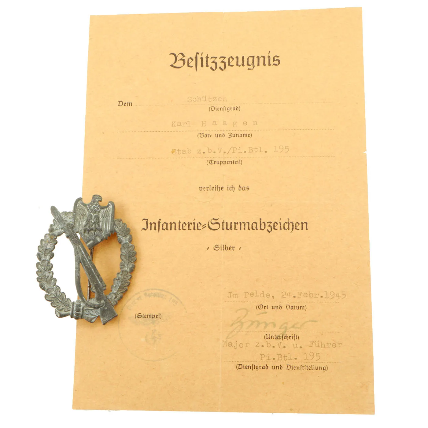 Original German WWII Silver Grade Infantry Assault Badge with Award Document