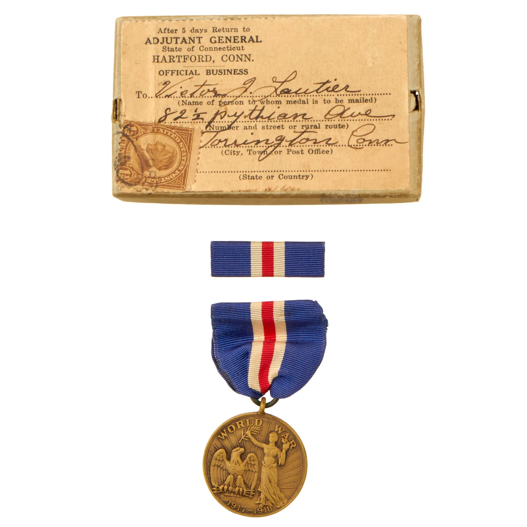 Original U.S. WWI 82nd Division Named Victory Medal Grouping with Collar Discs & Documents - Chief Mechanic, 321st Field Artillery Regiment