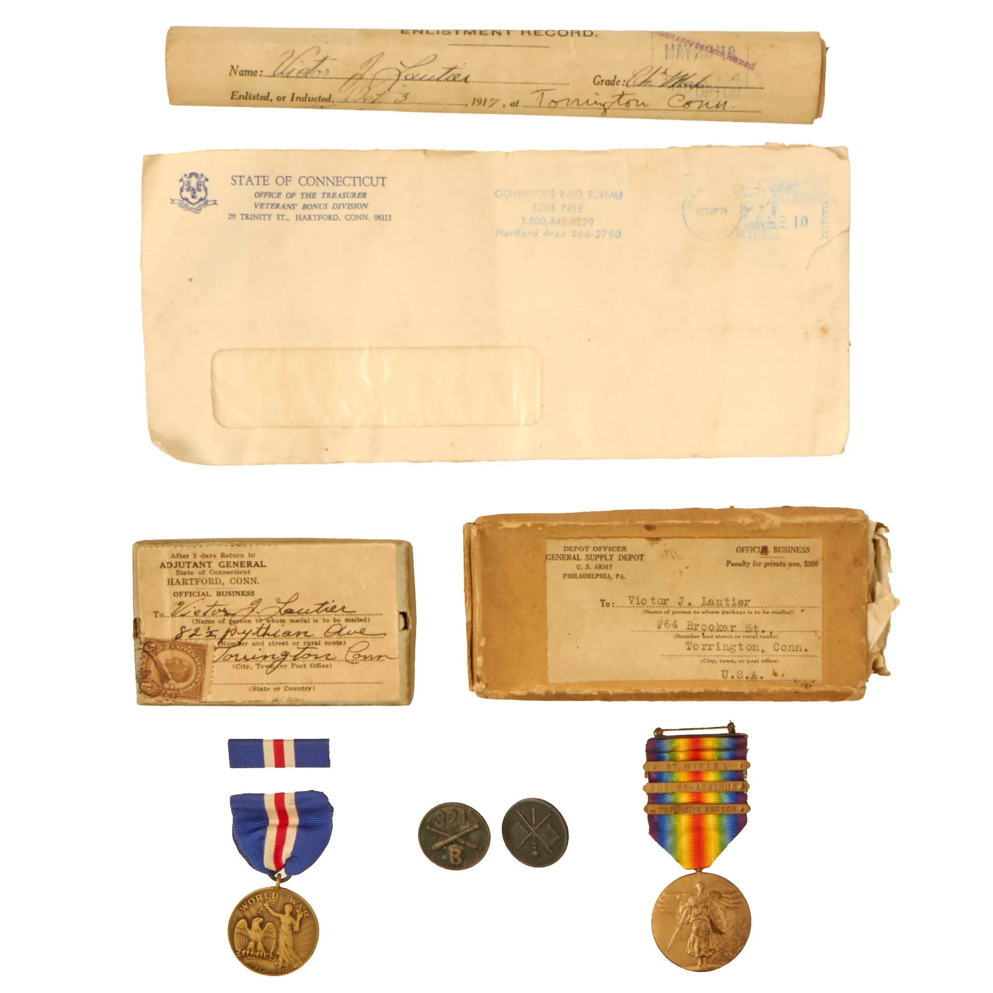 Original U.S. WWI 82nd Division Named Victory Medal Grouping with Collar Discs & Documents - Chief Mechanic, 321st Field Artillery Regiment