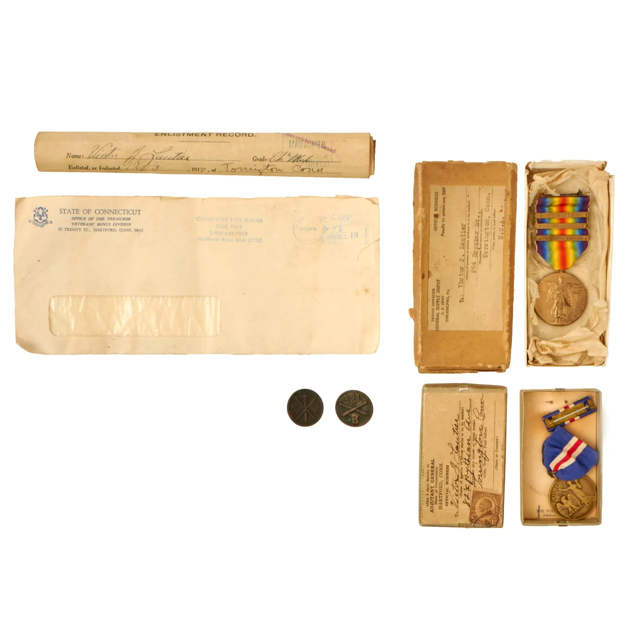 Original U.S. WWI 82nd Division Named Victory Medal Grouping with Collar Discs & Documents - Chief Mechanic, 321st Field Artillery Regiment