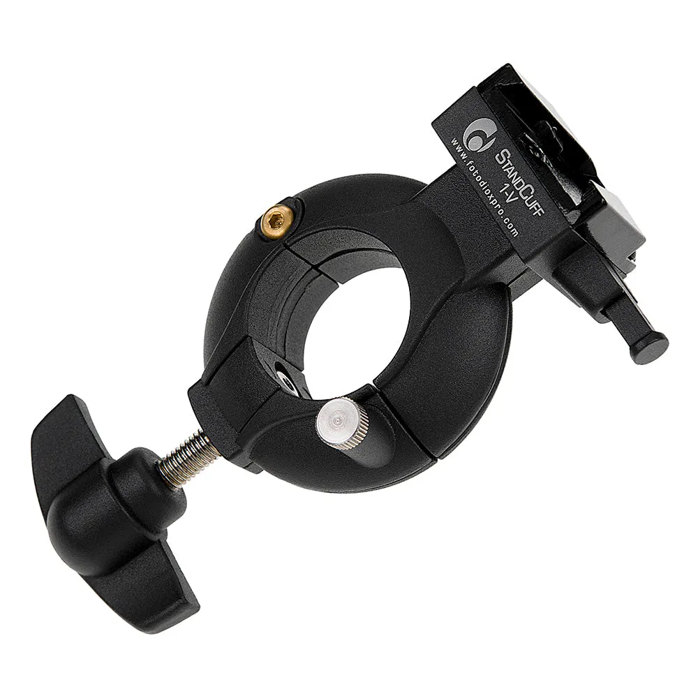 StandCuff 1-V - Compact V-Lock Battery Stand Mount for 20-35mm Diameter Pole Section, All Metal Construction w/ Geared locking Mechanism